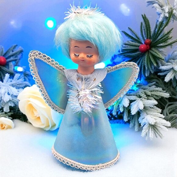 Vintage 1960s Blue Hair Angel Tree Topper Iridescent Gown Tinsel Halo Retro Xmas - Picture 1 of 12